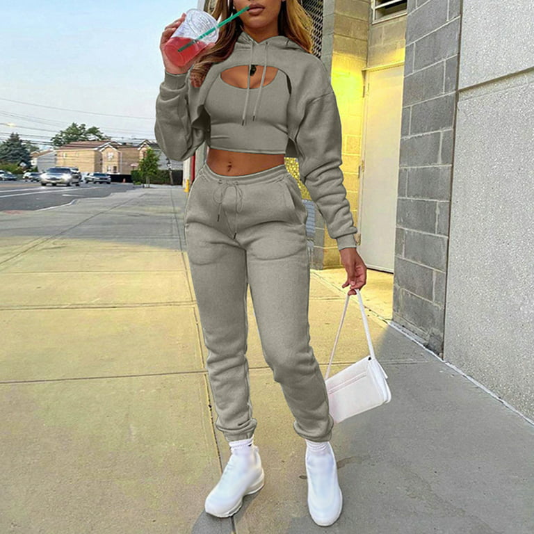 Women's Fashion Casual Outfits Clothes Set 3 Piece Solid Color Sweatshirts  Top Trousers Pants Track Beautiful Women Trendy Stylish Clothing Suits