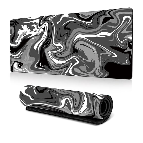 Large Gaming Mouse Pad, Extended XL Mousepad, Non-Slip Rubber Base Keyboard Mouse Mat Desk Pad for Work, Game, Office, Home, 31.5 x 11.8 in, Black Marble Fluid Design