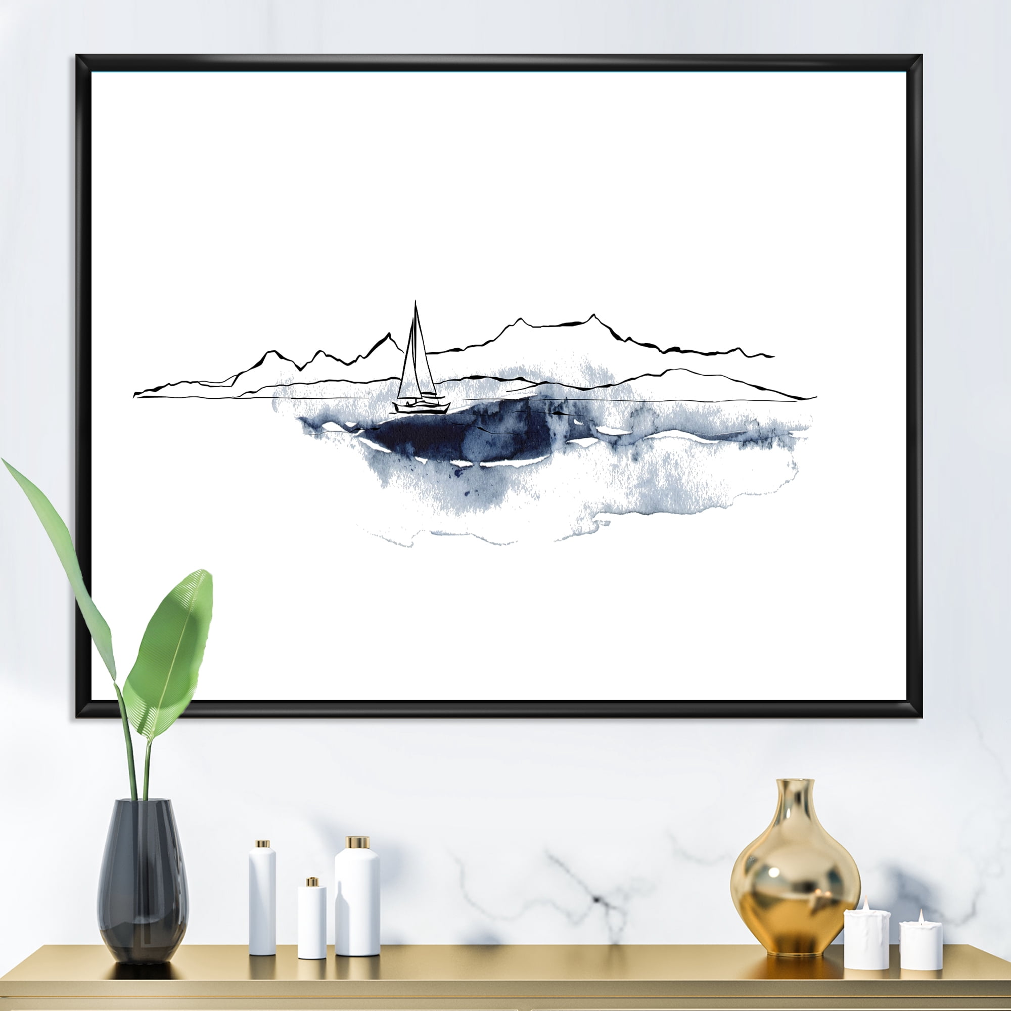 Designart 'Minimalistic Seascape With Boat and Black Mountains' Nautical & Coastal Framed Canvas Wall Art Print