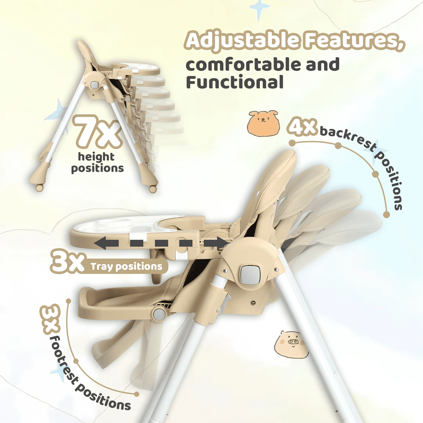 PEXMOR 4 in 1 Portable Baby High Chair, Convertible Foldable Highchair, Adjustable Height & Recline Positions, Beige