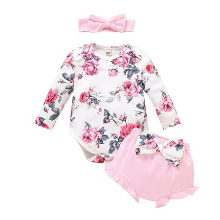 

NOKIO Fashionable Baby Rompers With Seasonal Boys And Girls Fall And Winter Long Sleeve Round Neck Floral Romper + Solid Color Bow Ruffle Shorts + Hair Tie Cute Baby Rompers For Fall