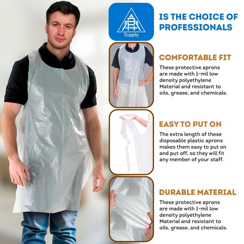 White Disposable Poly Aprons, 1 Mil Low Density PE, 1000 Count, 28 x 46 in