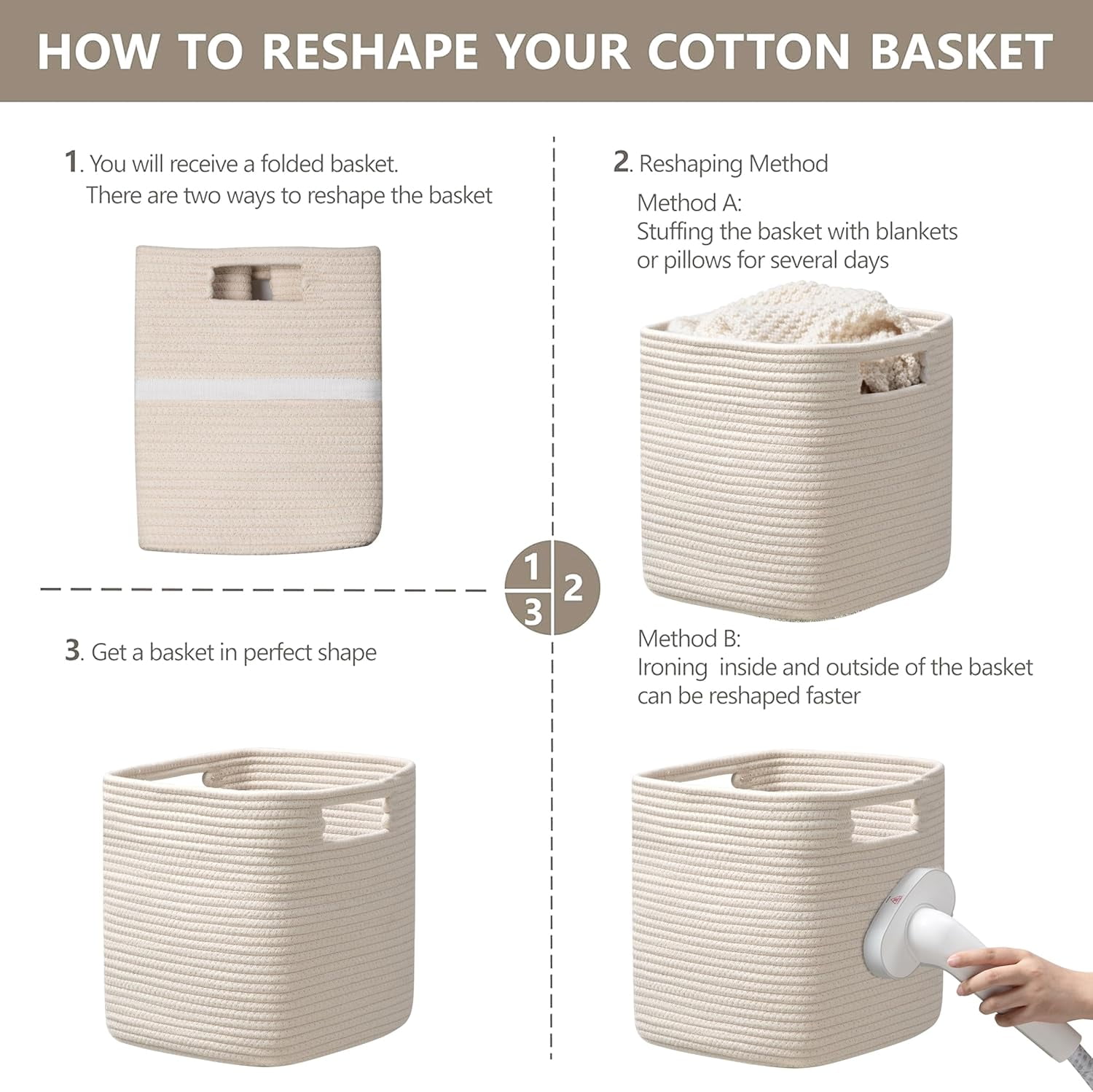 HBlife Set of 4 Storage Cubes-11 X 10.5 X 10.5 In, Cotton Rope Basket with Handles,Beige