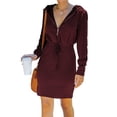 thumbnail image 1 of Vestido con capucha de manga larga estilo vino tinto, informal, con escote en V, cierre de cremallera y cordón en la cintura para mujer, 1 of 5
