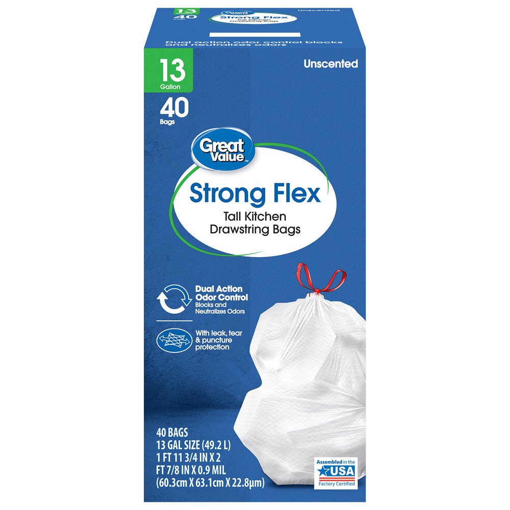 Great Value Strong Flex Tall Kitchen Trash Bags, 13 Gallon, 40 Bags