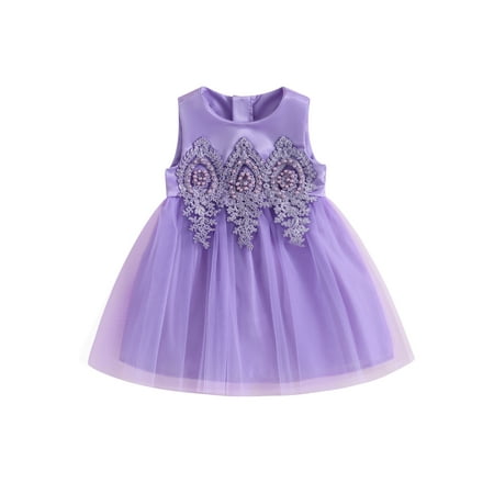 

Qtinghua Toddler Baby Girls Princess Dress Summer Sleeveless Solid Color Pearl Lace Short Dress Infant Tutu Gown Dresses Purple 2-3 Years