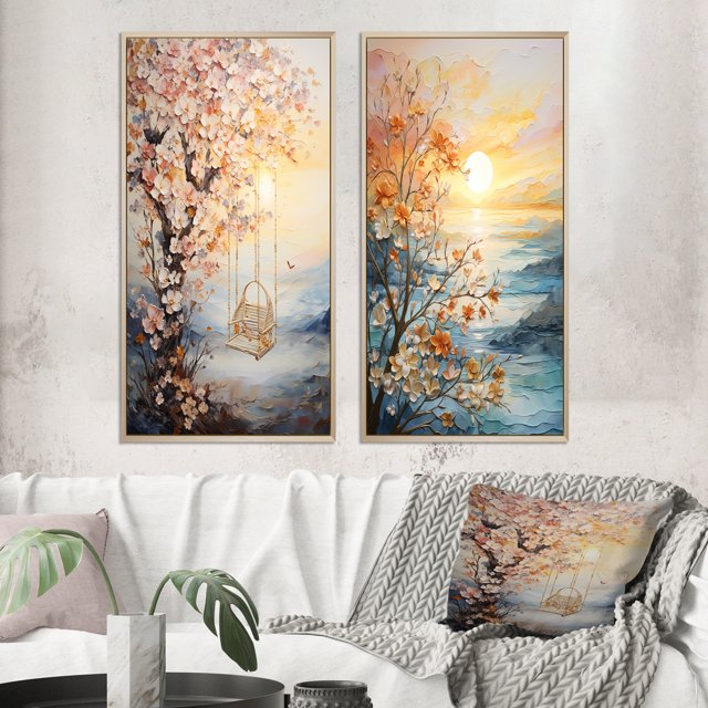 Designart "Bold Sunrise magic Renewal II" Sunrisesunset Framed Wall Art Set Of 2 - Yellow Landscapes Frame Gallery Set For Office Decor