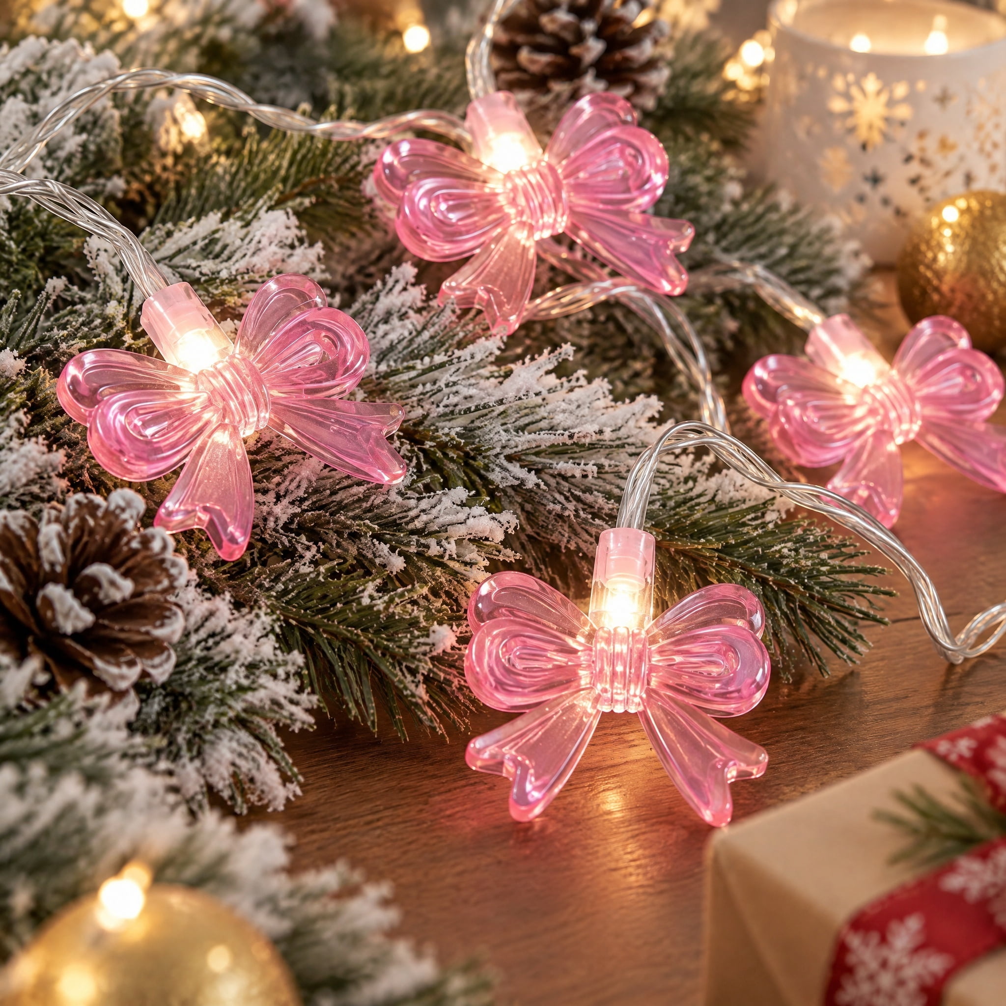 Indoor 10-Count Battery-Operated LED Bow Christmas String Lights, Pink, Transparent Wire, 4.5', by Holiday Time