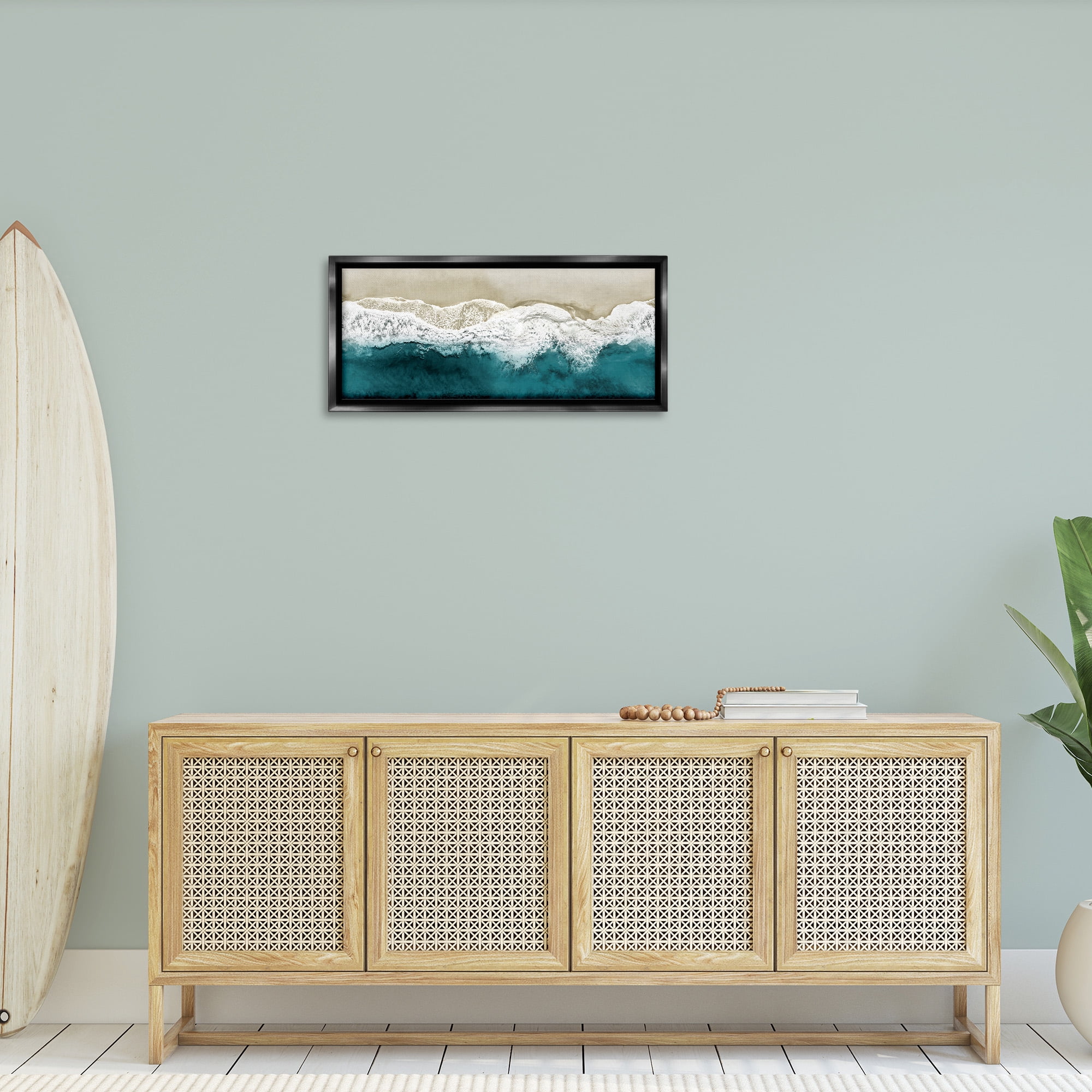 Stupell Industries Foamy Beach Coast Deep Ocean Nature Photography Black Floater Framed Canvas Art Print Wall Art, 31 x 14