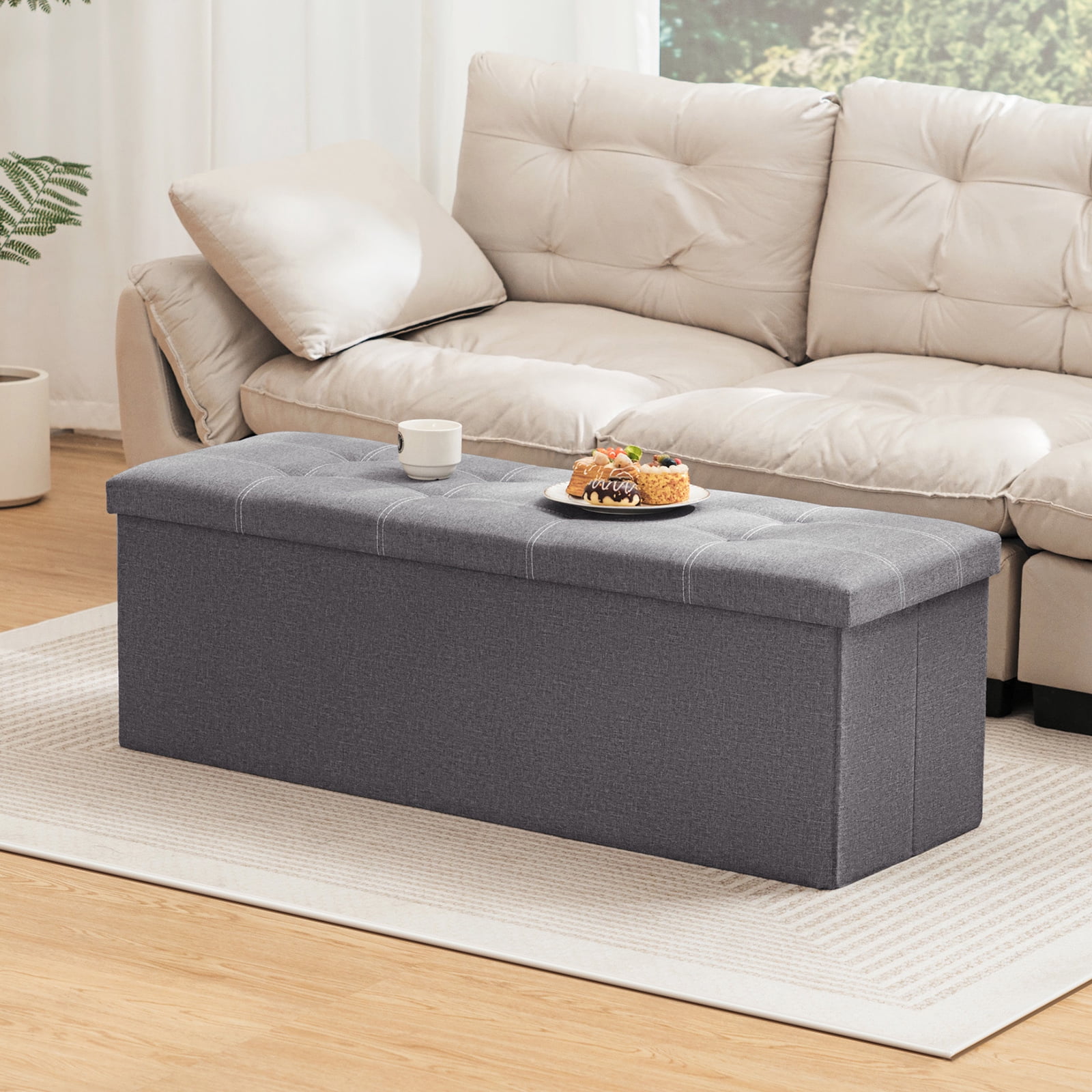 Lusimo 43" Storage Ottoman Bench with Divider, Multifunctional Foot Stool, Toy Chest & Shoe Bench for Bedroom, Living Room, and Entryway, Foldable Storage Chest with Seating, Light Gray