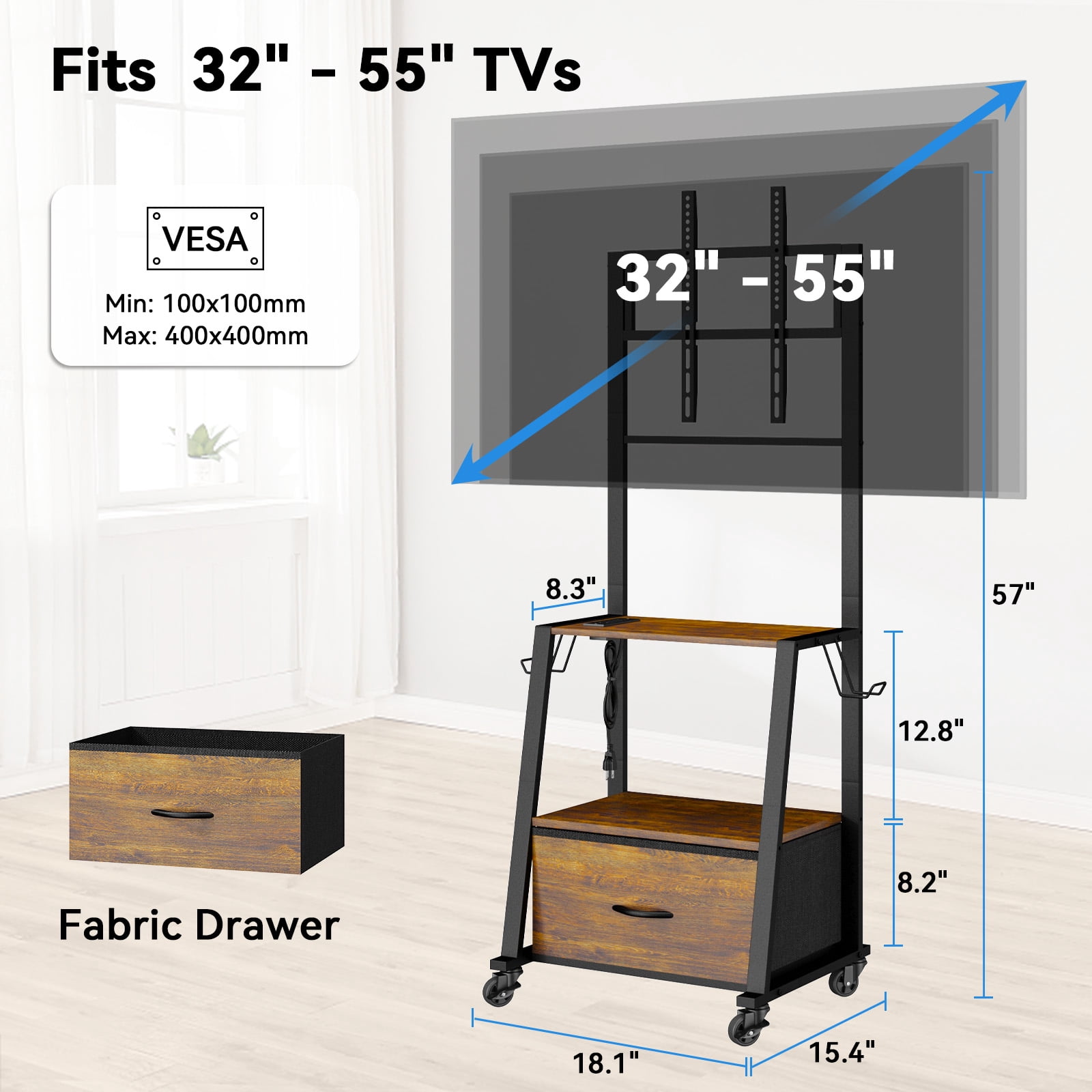 Rolling TV Stand Cart with Wheels for TVs up to 32-55 inch,Portable TV Stand,Mobile TV Cart for Bedroom