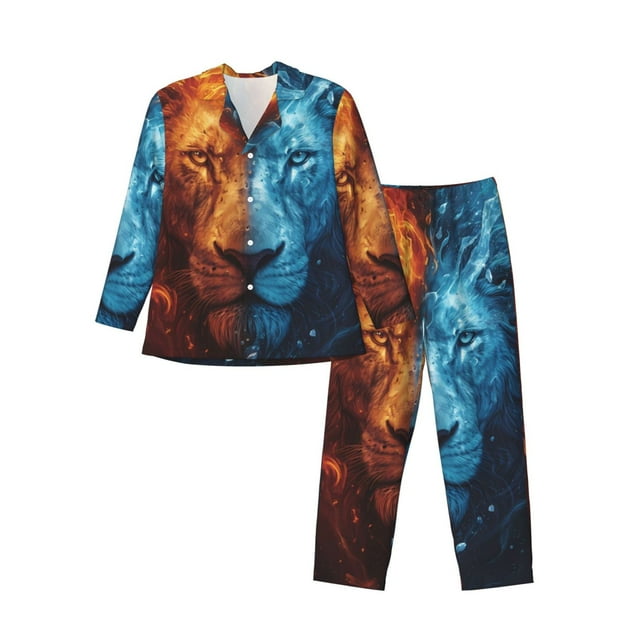 Honeii Ensemble de Pyjama pour Hommes Motif Lion de Feu Rouge et Bleu, Ensemble de Détente 2 Pcs pour Hommes Chemise de Nuit à Manches Longues et Bas de Pyjama, Ensembles de Pyjamas pour Hommes-Xx-Grand