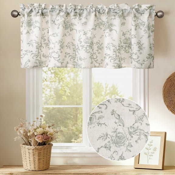 DWCN Thick Textured Linen Floral Valance for Kitchen Living Room, Rod Pocket Farmhouse Vintage Cottage Valance Curtain, Green Rose, 42 x 18 Inches, 1 Panel