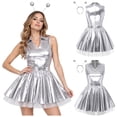 thumbnail image 2 of iiniim Women Alien Cosplay Lapel V Neck Sleeveless A-line Hem Tulle Layers Metallic Dress with Hair Hoop for Role-playing Theme Party Stage Dance Silver M, 2 of 7