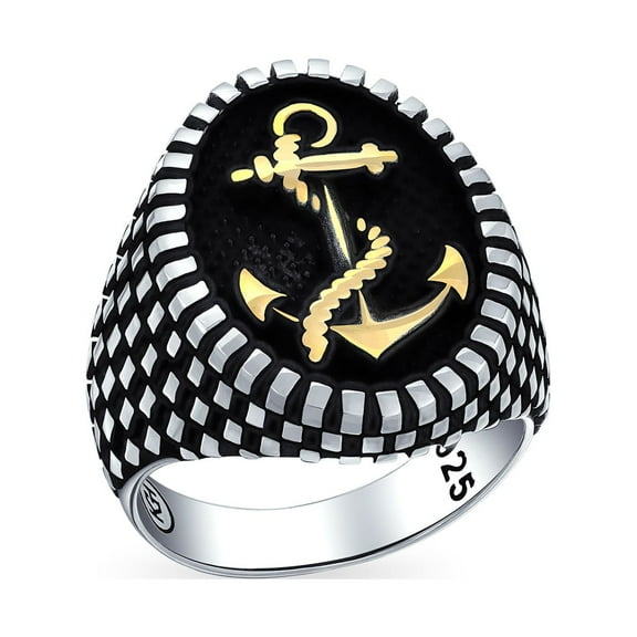 Bling Jewelry Mens Oval Signet Nautical Rope Anchor Ring Two Tone Sterling Silver Made In Turkey