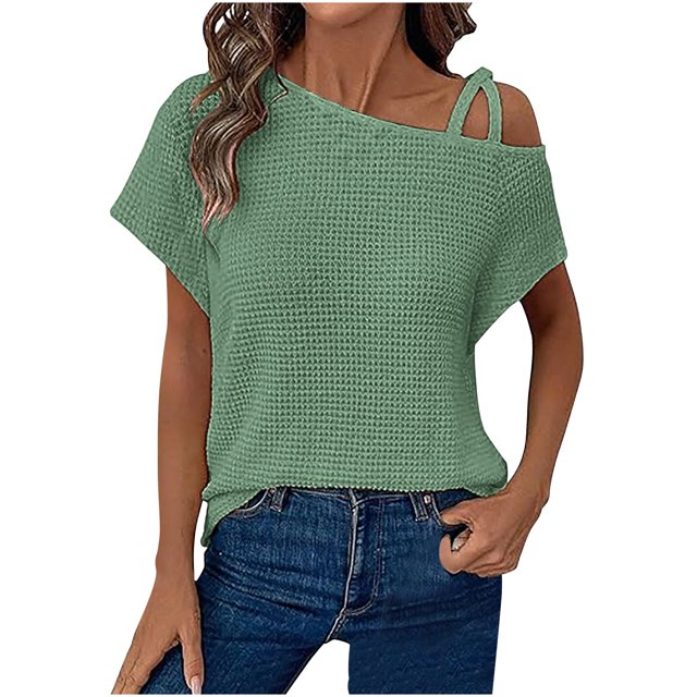 Dealovy Summer Tops for Women Cold 1 Shoulder Short Sleeve Textured Loose Solid Color Casual Tunic Shirts