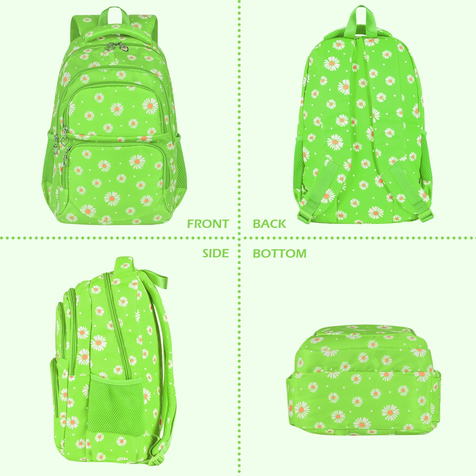 Forestfish Teen Backpack Set with Insulated Lunch Bag & Pencil Case, Water-Resistant Nylon School Bag（Daisy A/Fluorescent Green）
