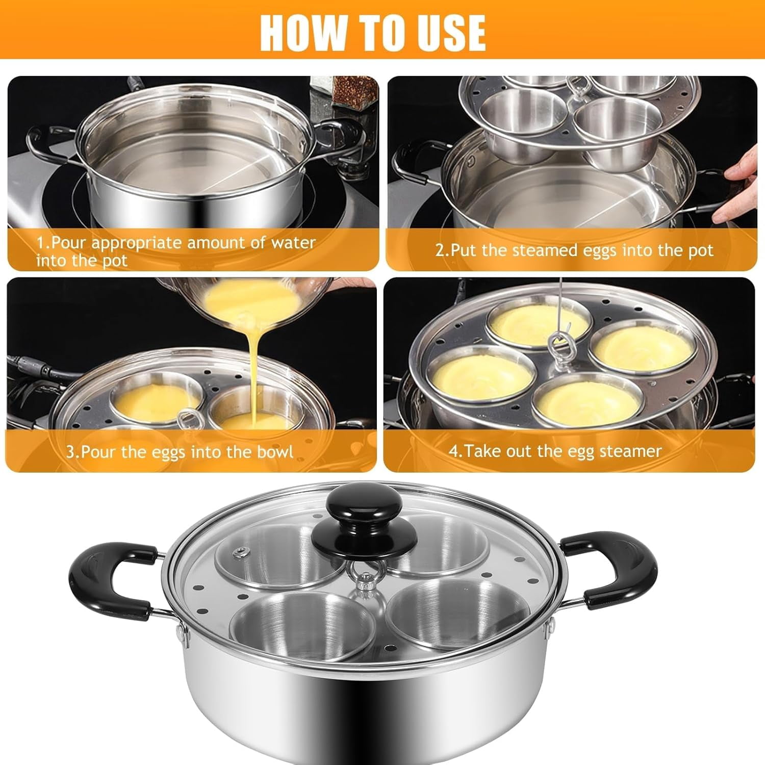Egg Poacher, Stainless Steel Steamer with 4 Cups Poached Egg Maker, Induction Cooktop Steaming Pot for Steamed Eggs, Poached Eggs, Soups, Baby Supplements, Uncoated Non-Stick Pan