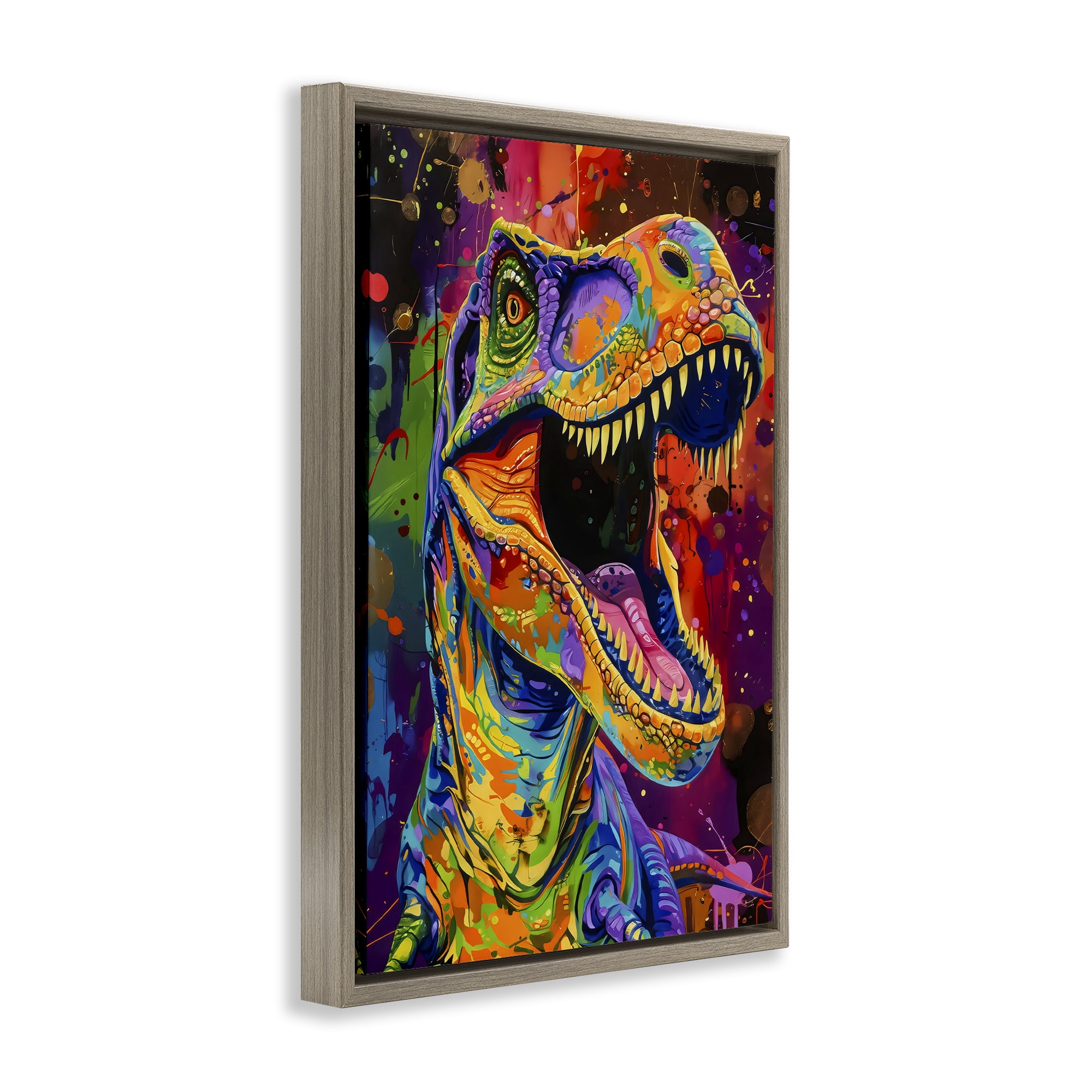 Stupell Industries Paint Splatter Urban T-Rex Brown Framed Floater Canvas Wall Art, design by Creative Studio