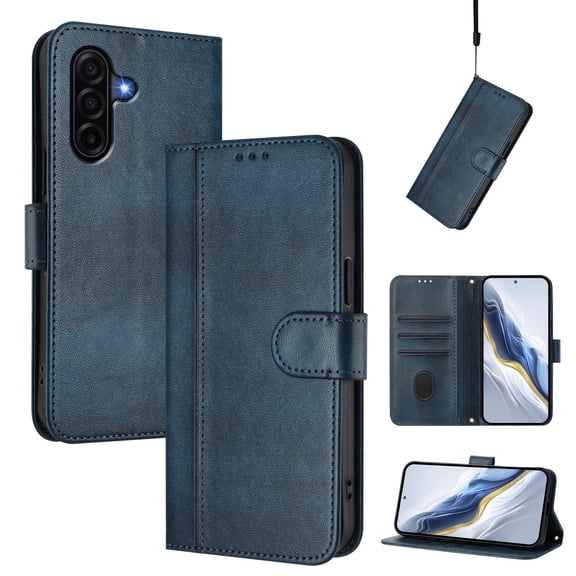 For Samsung Galaxy A17 5G Wallet Flip Magnetic PU Leather Credit Card Holders Shockproof Full body Case [RFID Blocking Function][Folio Kickstand Feature][Wrist Strap] Phone Cover,Blue