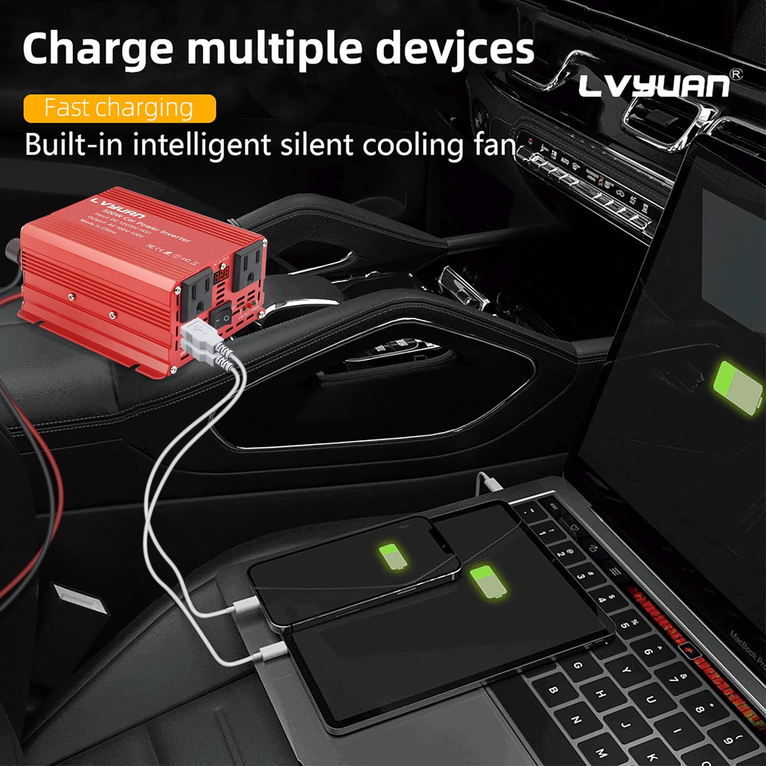 LVYUAN 500 Watts Power Inverter Converter Adapter Battery Charger DC to AC 12V to 110V 2AC 2USB LED Display for Car Red