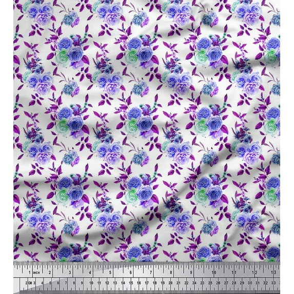 Soimoi Purple Cotton Voile Fabric Leaves & Rose Flower Fabric Prints by Yard 42 Inch Wide