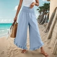 thumbnail image 5 of RYRJJ Women Linen Pants Summer Wide Leg Pants Smocked Waist Ruffle Hem Palazzo Pant Boho Flowy Beach Trousers with Pocket(Sky Blue,M), 5 of 9