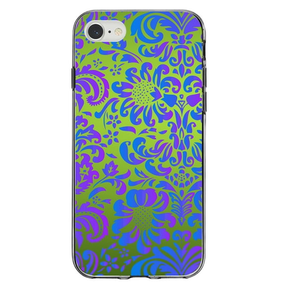 DistinctInk Clear Shockproof Hybrid Case for iPhone 7 8 SE (2020 Model) 4.7" Screen TPU Bumper Acrylic Back Tempered Glass Screen Protector - Green Purple Blue Floral Pattern