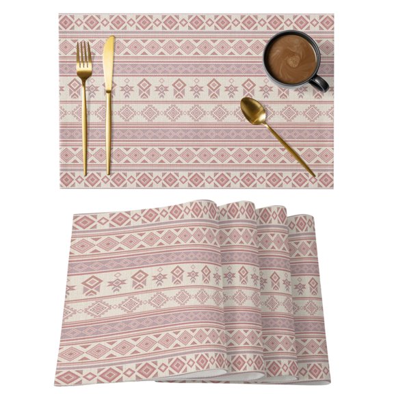 Beige Boho Striped Placemats Set of 6 Southwestern Ethnic Tribe Vintage Place Mats Indoor Wipeable Table Mats Washable Cloth Dining Table Placemats for Kitchen Holiday Party Home Decor 13x19 Inch