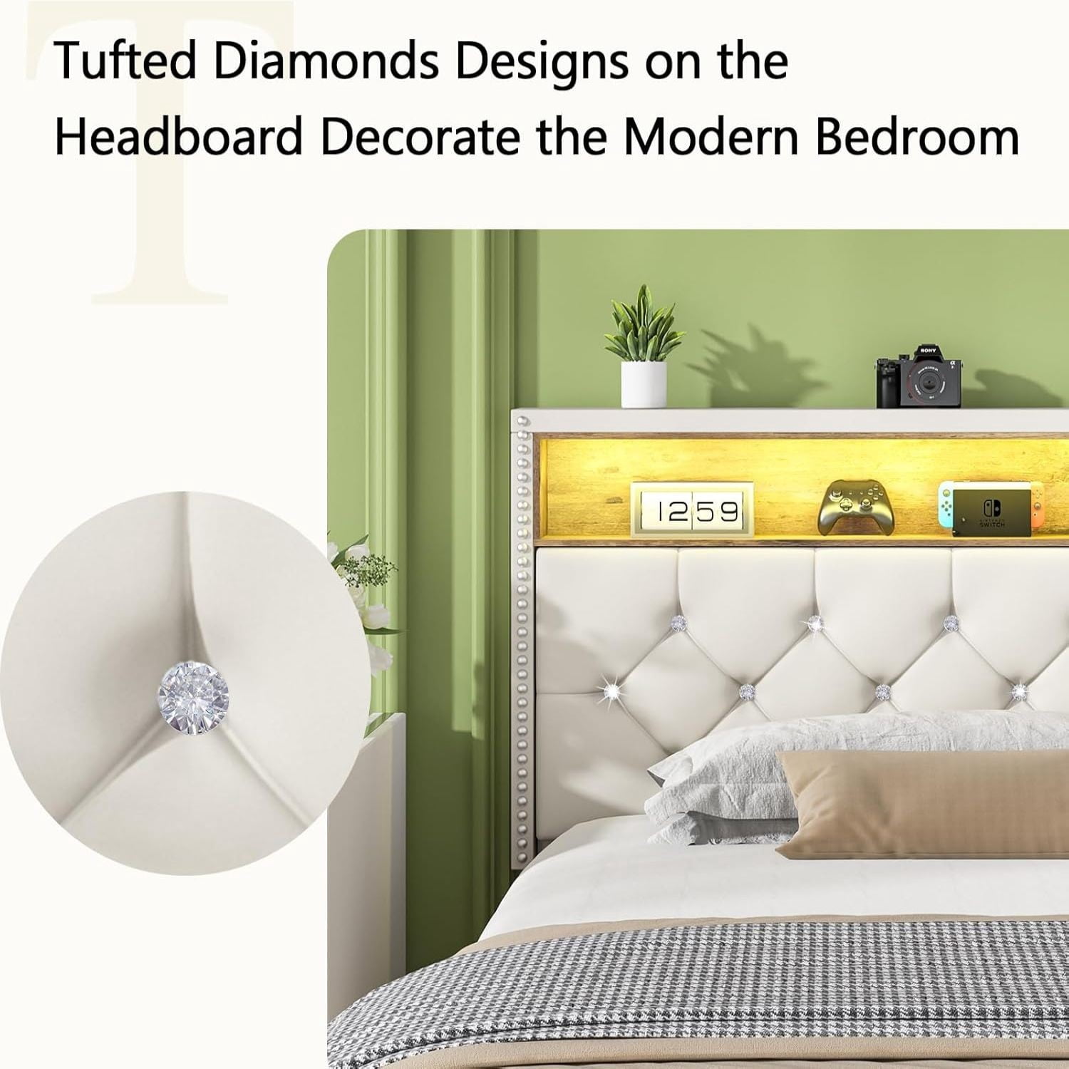4 EVER WINNER King Size Bed Frame with Storage Headboard, Velvet Upholstered Bed Frame with LED Light, White King Bed Frame with Charge Station, White