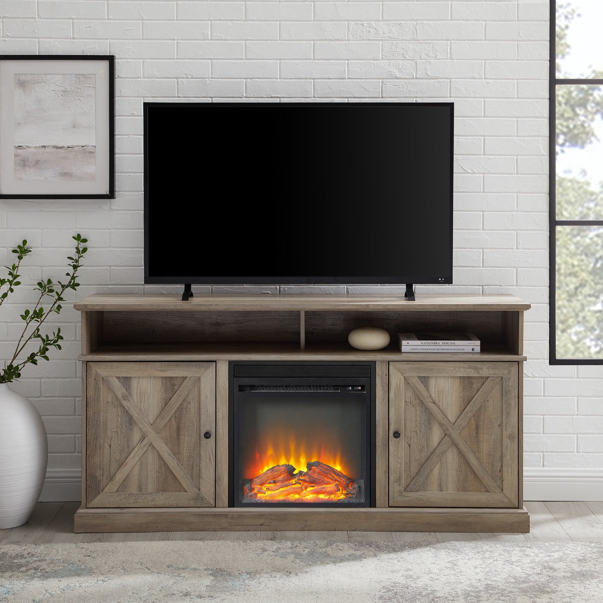 Manor Park Farmhouse Barn Door Tall Fireplace TV Stand for TVs up to 65″, Grey Wash Sansujyuku sansujyuku.com