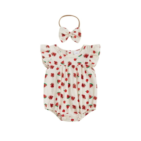 YASUTNKS Baby Girls Summer Sweet Romper Flying Sleeve Round Neck Fruit Print Romper with Headband