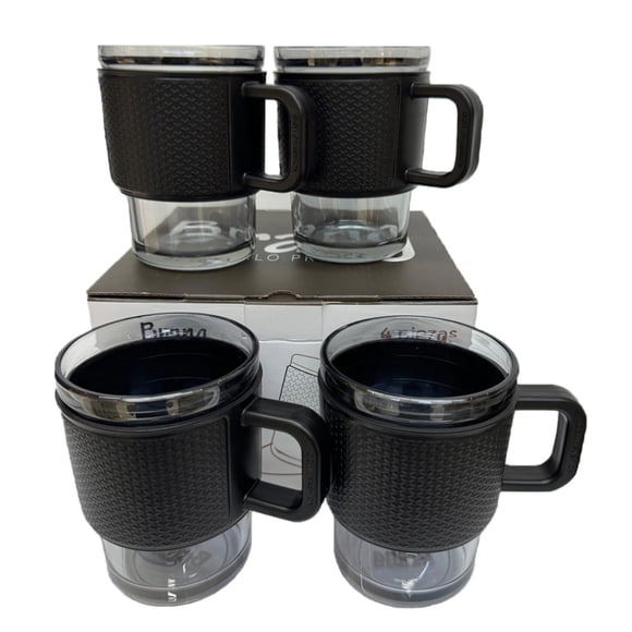 Juego de 4 tazas de vidrio BRANG 420 ml con cubierta y agarradera de plástico diseño moderno