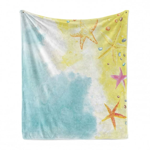 Starfish Soft Flannel Fleece Throw Blanket, Holiday in the Hawaii Watercolor Art Dreamy Seacoast with Colorful Starfishes, Cozy Plush for Indoor and Outdoor Use, 70" x 90", Multicolor, by Ambesonne