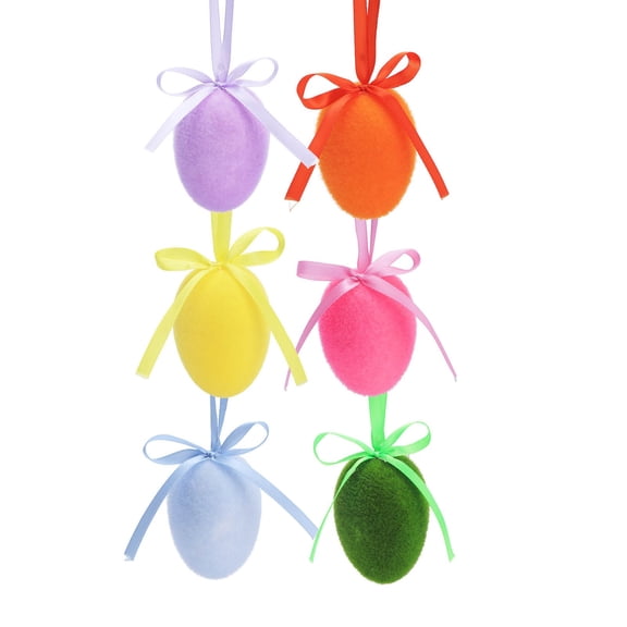 Flocked Easter Eggs Hanging Ornaments, Set of 6 Foam Decorative Eggs for Garland, Tree, Basket, Door & Wall, DIY Spring Holiday Party Craft and Home Celebration Decor