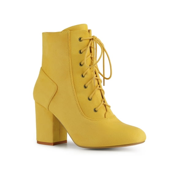 Unique Bargains Round Toe Chunky High Heel Lace Up Ankel Boots for Women Yellow (Size 8)