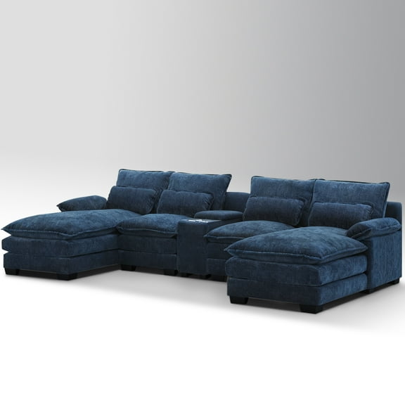Office Sofa, 123" U-Shaped Modular Sectional Reception Sofa with Console,Cup Holders & USB, Dark Blue Chenille Fabric, 6-Seat Business Cloud Couch with Chaise for Office, Reception, Commercial