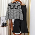 thumbnail image 3 of Owordtank Girls Trendy Casual Sweatsuit: 2-Piece Striped Print Collar Pullover Sweatshirt & Flare Pants, Fall Winter School & Play Outfit, 3 of 5