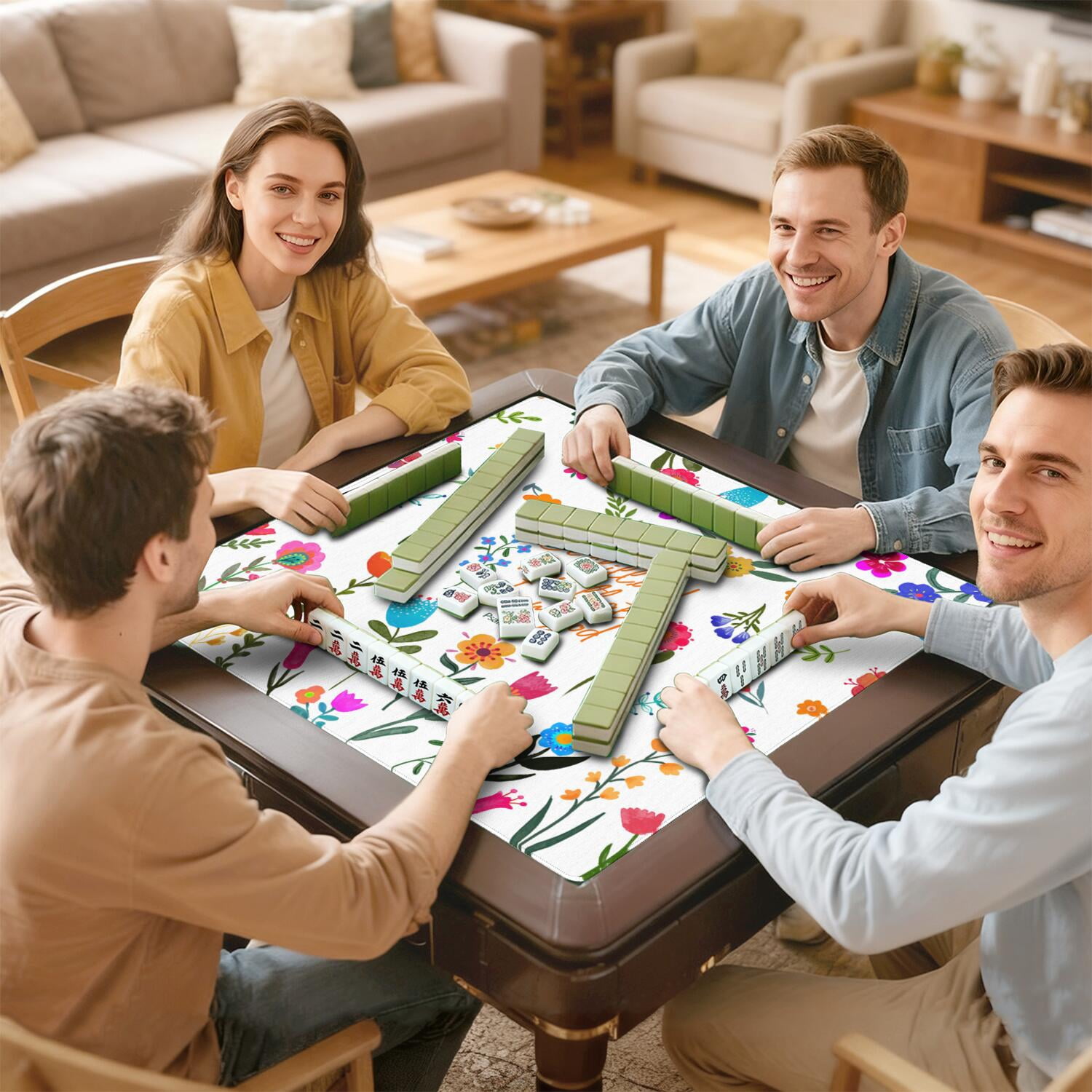 Premium Floral Non-Slip Rubber Mat for Mahjong Tables 31.5x31.5 Inch Large Playing Surface with Noise Reduction for Tiles Cards and Board Games