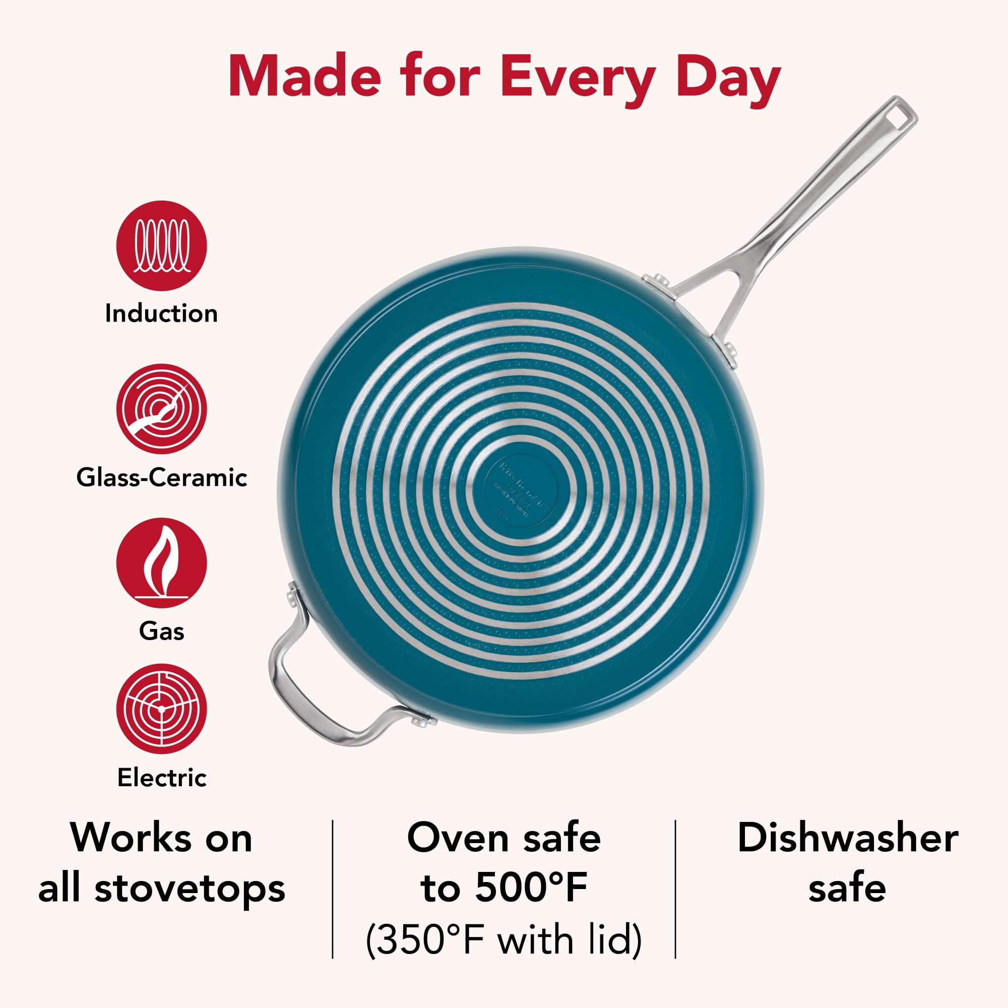KitchenAid Hard-Anodized 5 Quart Ceramic Induction Saute Pan with Lid and Helper Handle, Dishwasher Safe and Oven Safe to 500°F, Agave Blue