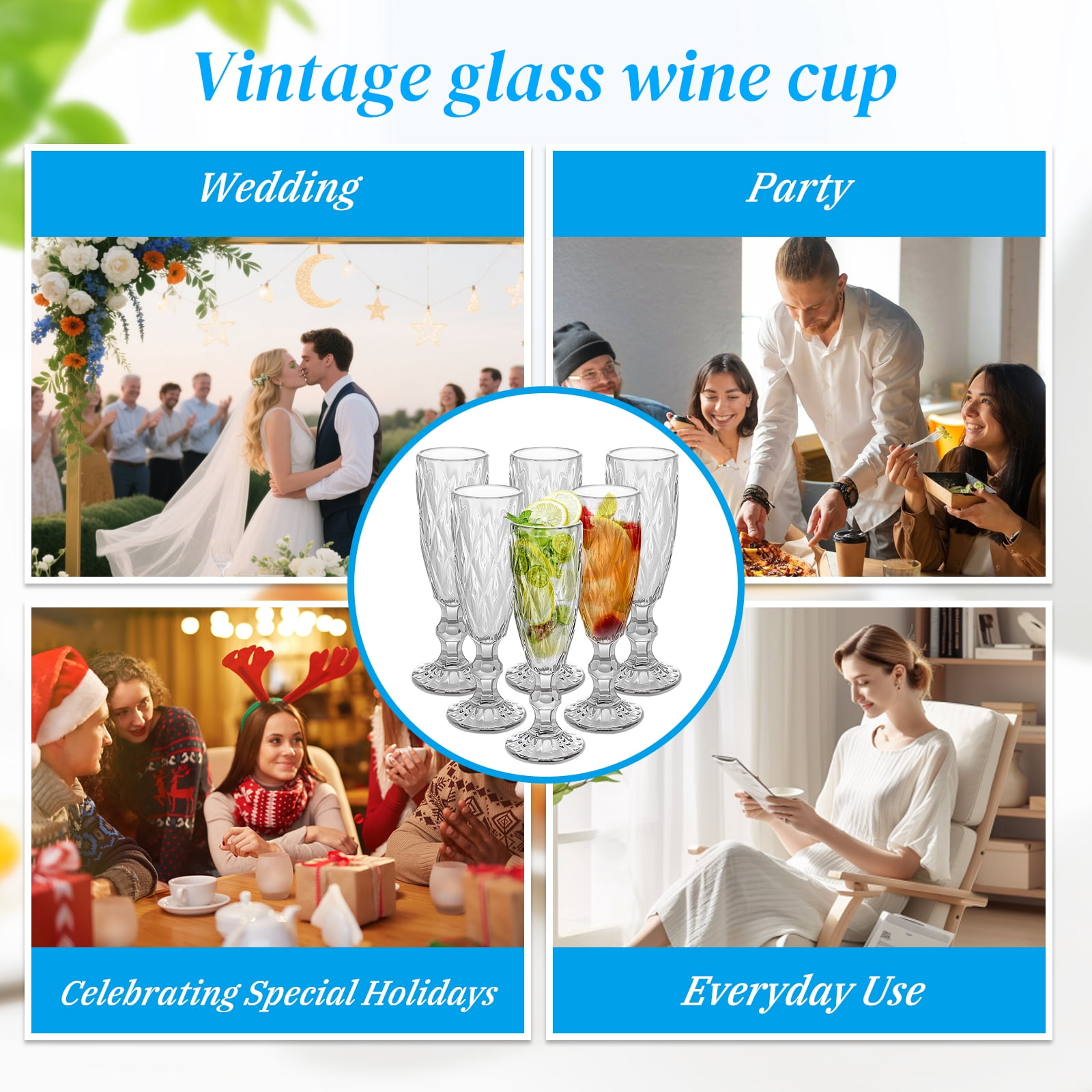 6-Piece 150ml Glass Stemmed Wine Glasses Set, Diamond Pattern Vintage Dessert Cups, 5oz European Style Cocktail Glasses, Dishwasher Safe Drinkware for Home Bar & Party