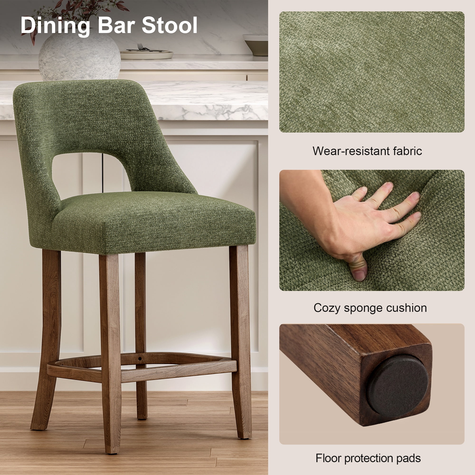 PORKISS 26" Bar Stools Set of 2, Upholstered Kitchen Island Stools with Hollow Back, Mid-Century Counter Stools with Wood Legs Footrest, Green
