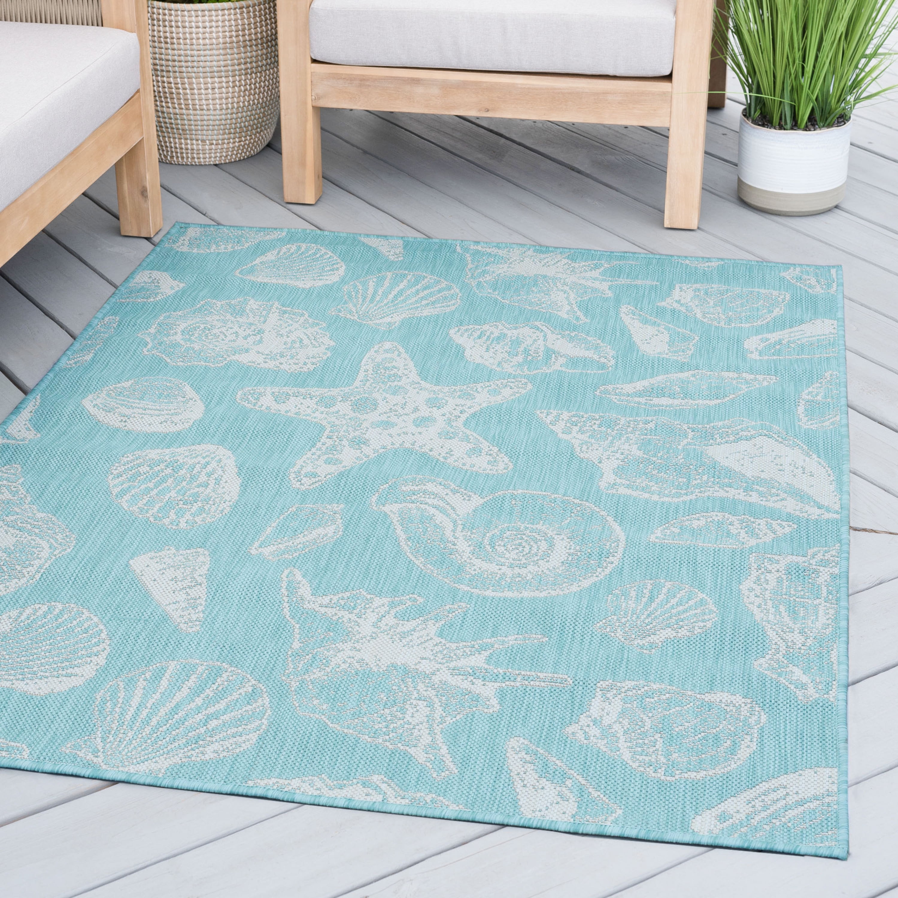 Bliss Rugs Solid Border Indoor Outdoor Area Rug for Patio, Porch, Garden | Aqua, 5'3'' x 7'3''