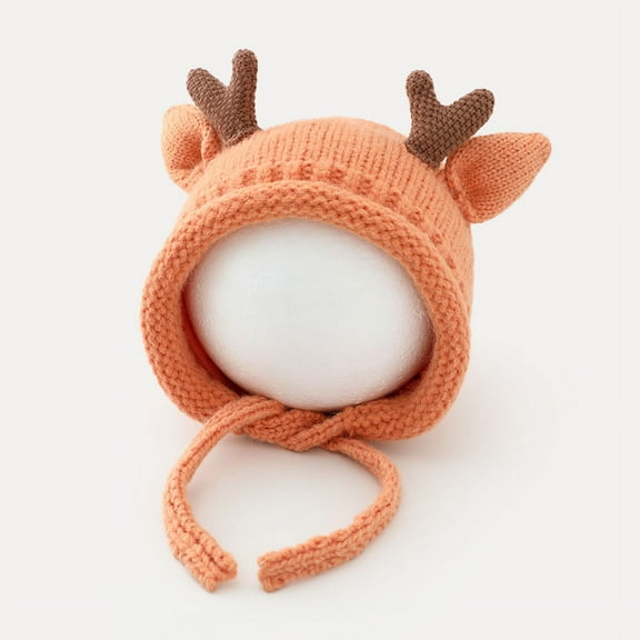 Cute Elk Antlers Baby Hat Winter Warm Knitted Baby Boy Girl Cap Ear Protection Hats Solid Color Kids Children Cap Beanies bonnet (orange)