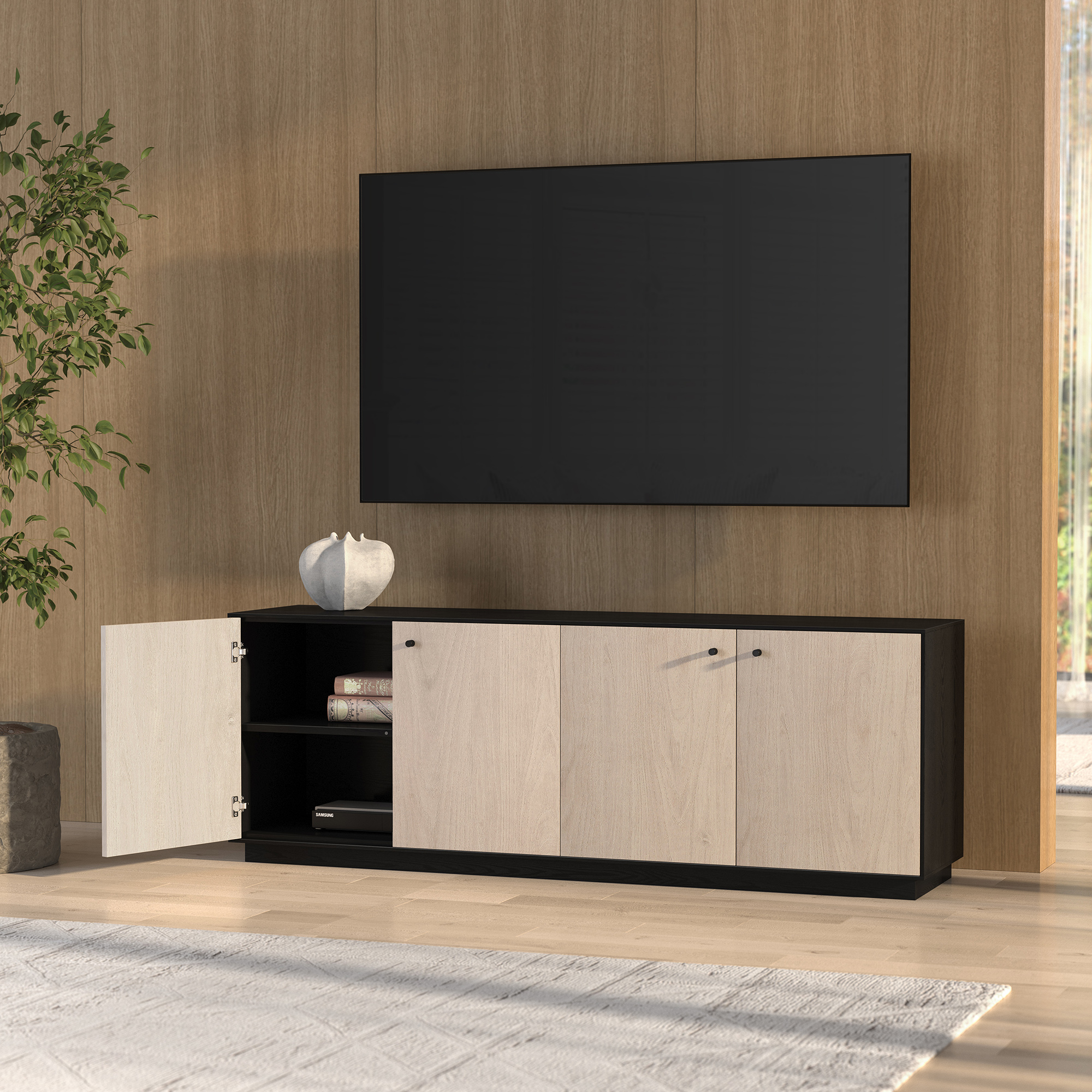 Lillian Rectangular TV Stand for TV's up to 75" in Black Grain/Alder White