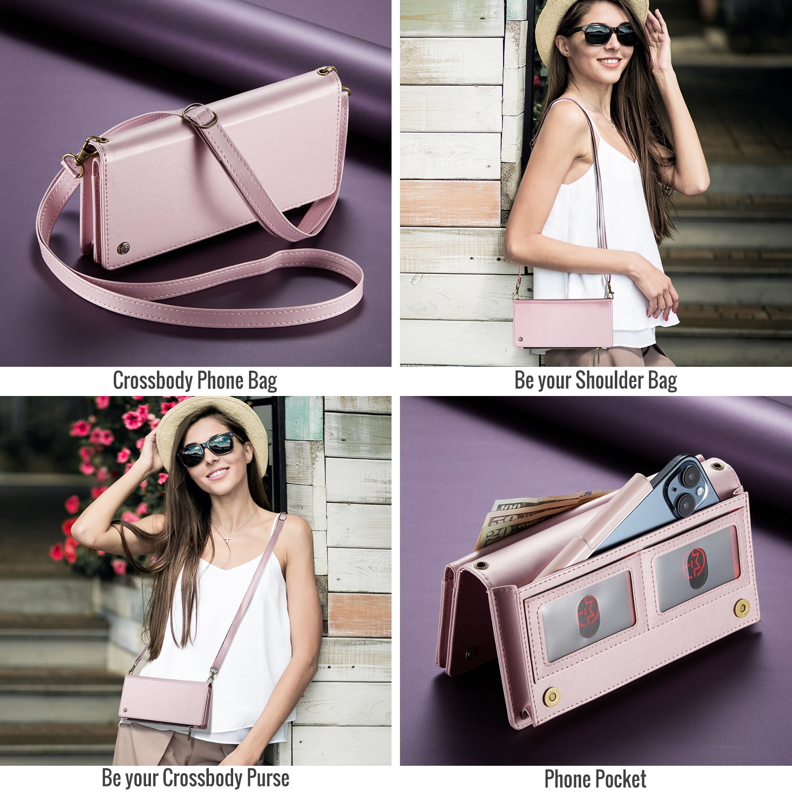 ELEHOLD Phone Bag Wallets for Women Girls,Luxury PU Leather Wallet Bag Crossbody Handbag with Phone Pocket Zipper Pocket Large Capacity Credit Card Holders Wriststrap Shoulder Strap,Pink