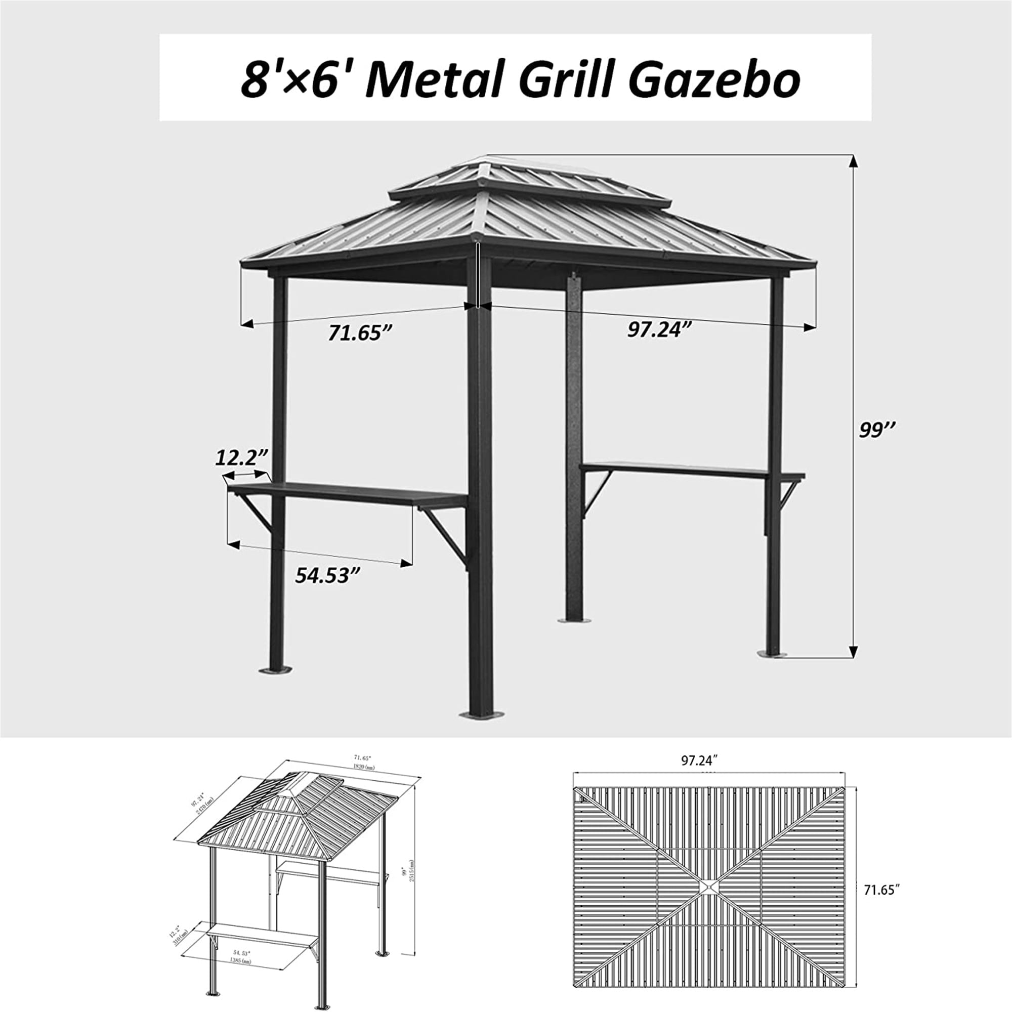 Mondawe Grill Gazebo 8' × 6', Aluminum BBQ Gazebo Outdoor Metal Frame with Shelves Serving Tables, Permanent Double Roof Hard top Gazebos for Patio Lawn Deck Backyard and Garden (Black）