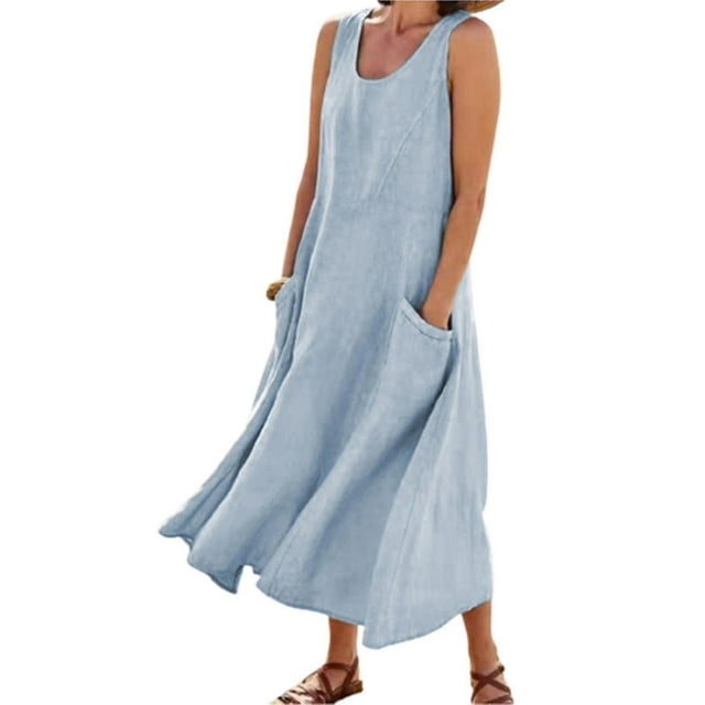 Women's Sleeveless Cotton Linen Dress With Pockets Boho Style Beach Tank Dress