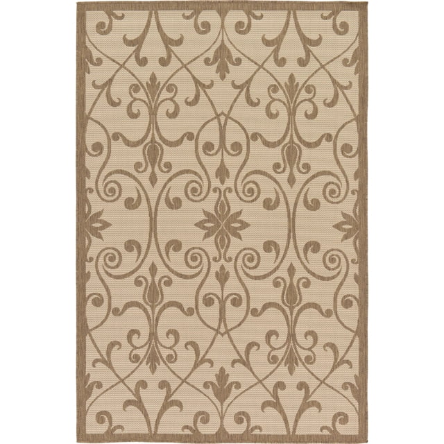 Unique Loom Botanical Collection Traditional Border Transitional Indoor and Outdoor Flatweave Area Rug, 5 Feet 3 Inch x 8 Feet, Brown/Beige