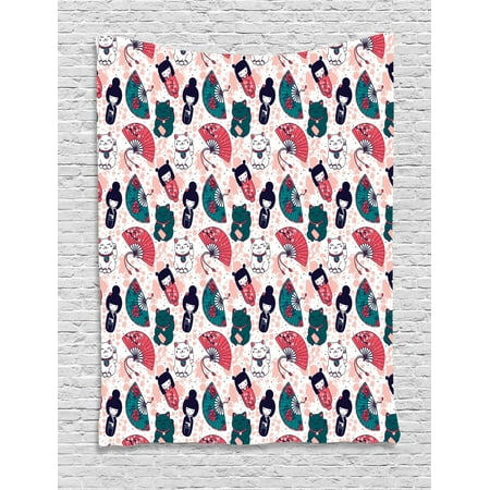 Navy And Coral Decor Japanese Cat Tapestry, Items Maneki Neko Geisha Fan Doodles Pattern, Wall Hanging for Bedroom Living Room Dorm Decor, Dark Teal Dark Coral and Dark Navy Blue, by Ambesonne ()